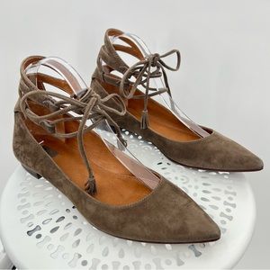 Frye Sienna Ghillie suede leather dark taupe lace up pointed toe ballet flats